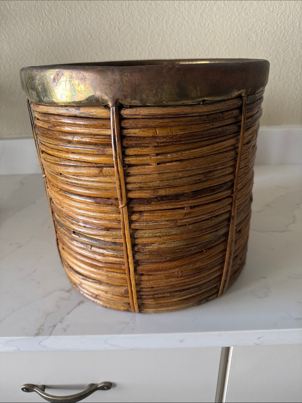 Vintage Pencil Reed Bamboo Basket with Brass Rim Large - Picture 2 of 6
